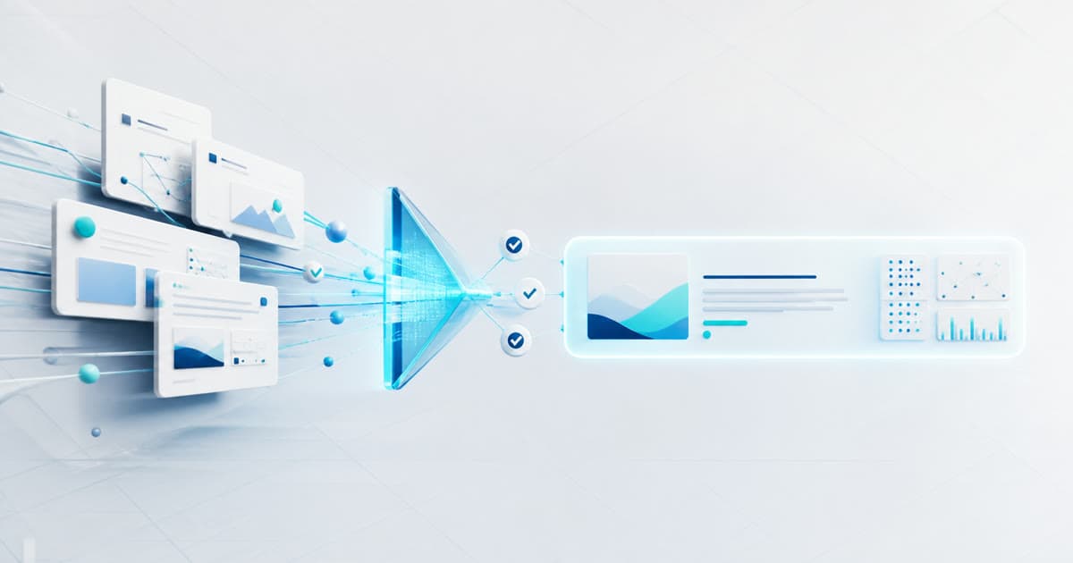Web source cards flowing through a generative search prism into an AI answer